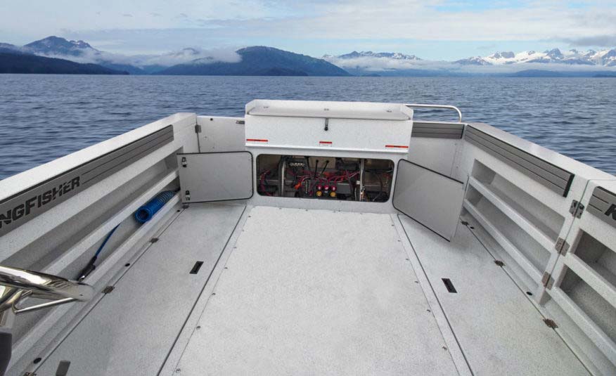 160 USG in-floor fuel tank, easy access to bilge compartment, 30 USG transom fish locker with cutting board, two 73 USG cockpit fish lockers with pump outs